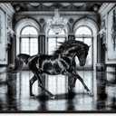 Country Farmhouse Canvas Print Painting Animal Wall Art 'Elegant Black Ballroom Horse' Black Framed Canvas Rustic Home Décor 45x30 in Black, Gray by Oliver Gal