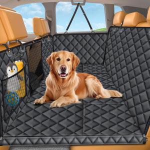 URPOWER Backseat Extender for Dogs - Hard Bottom Dog Car Seat Cover for Back Seat, Foldable Dog Hammock for Car, SUV, and Truck, Pet Rear Seat Protector Dogs Travel Bed with Mesh Window & Side Flaps (All Black)