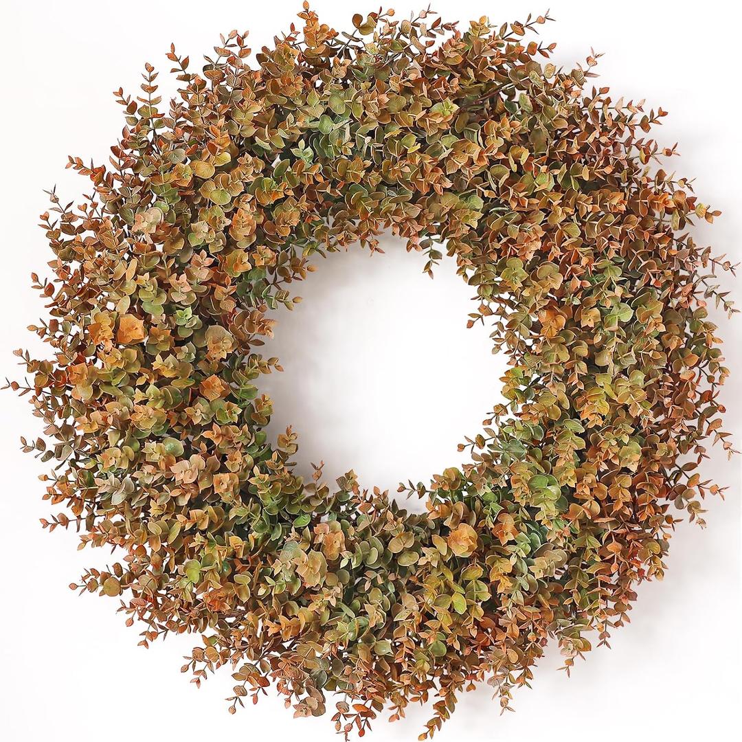 32" Large Fake Eucalyptus Fall Wreath for Front Door Decor(Orange-Green)