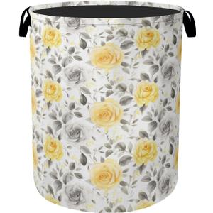 Yellow Gray Flowers Large Clothes Hamper Bag - Laundry Basket with Handles, Space Saving Foldable Design for Nursery