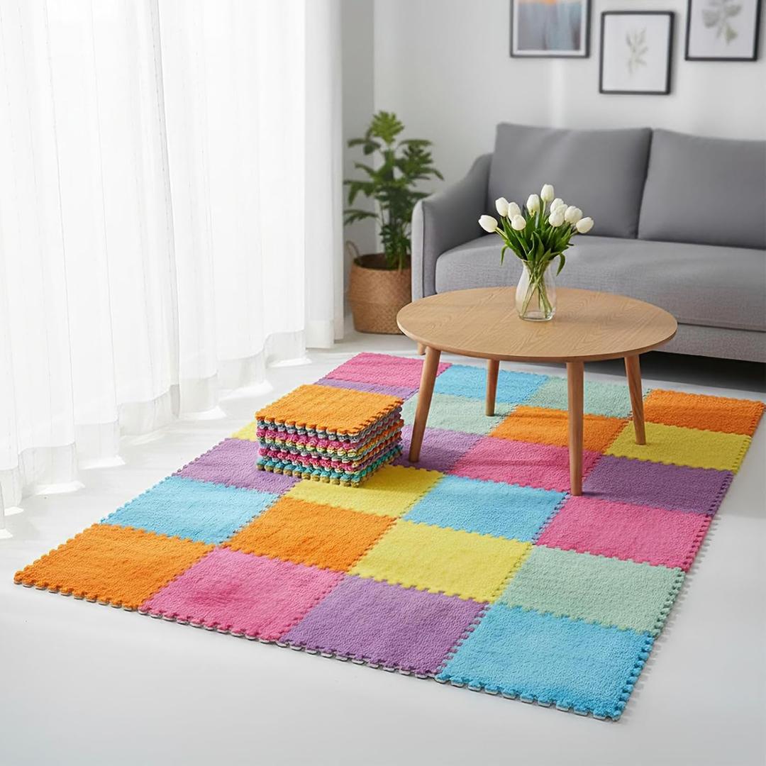 Tinideya 36 Pcs Plush Interlocking Carpet Tiles, Macaron Colors 12 x 12 x 0.4 Inch Squares EVA Foam Carpet Tiles, Machine-Washable, Anti-Slip, Puzzle Floor Mat for Home Bedroom