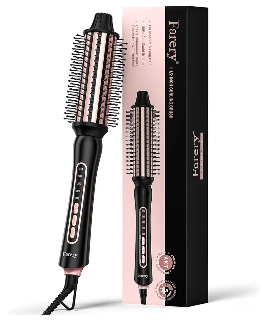 Farery Thermal Brush 5 Adjustable Temps, 1.5 Inch Hot Curling Brush for Big Bouncy Curls, Non-Blowing Heated Round Brush, Ceramic Curling Wand for Medium & Long Hair, Dual Voltage for Travel