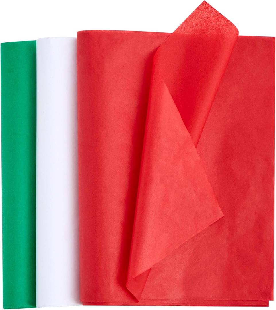 JOYIN 180 Sheets 20" x 20" Christmas Tissue Paper Assortment (Red, Green & White); 60 Sheets per Color Easy and Fast Gift Wrapping Accessory for Presents and Wine Bottles