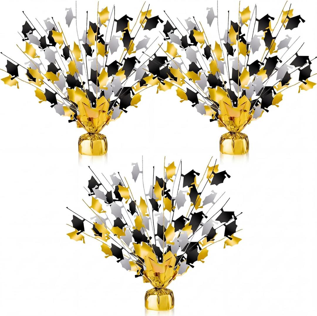 Juexica 3 Pack 2026 Graduation Centerpiece Black/Gold/Silver Grad Caps Metallic Foil Spray Glitter Tabletop Burst Decorations for Class of 2026 Party High School College Congrats Dinner Decor 14"