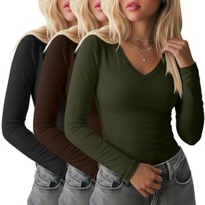 Oakgarden 3 Pack Women's Long Sleeve Tops, Sweetheart Neck Knit Basic Shirts Slim Fit Casual Fall Going Out Tee Size XXL