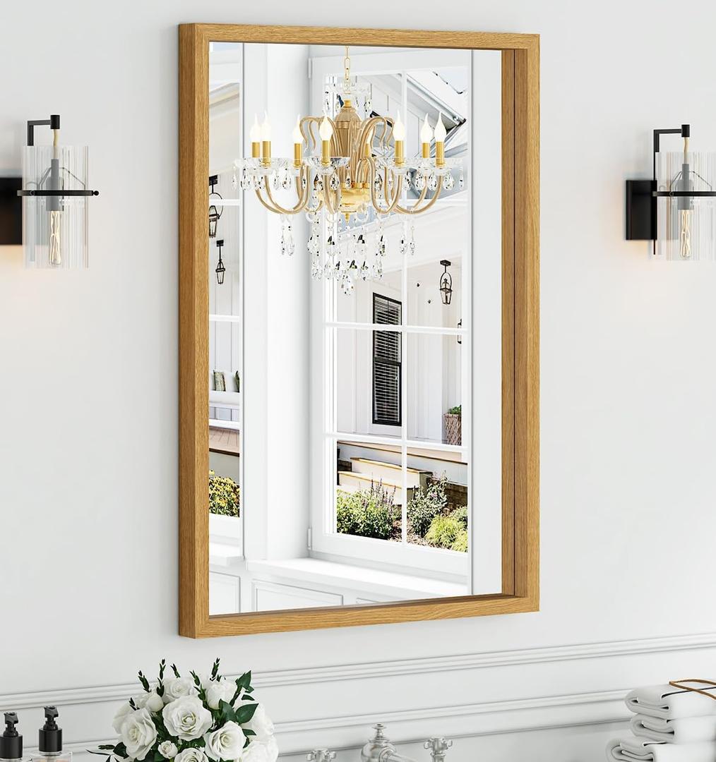 Syndra Natural Wood Frame Bathroom Mirror, 24x36'' Modern Vanity Mirror for Wall, Waterproof Slim Deep Frame, Rectangular HD Tempered Glass Mirror for Living Room, Bedroom, Entryway, Rustic, Farmhouse