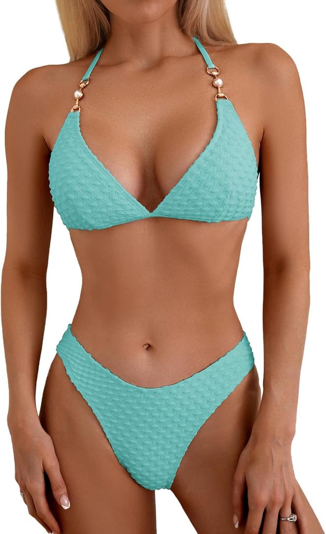 swimall Women's Triangle Bikini Set Cheeky High Cut Sexy Two Piece Swimsuit Cute Halter Bathing Suit, S