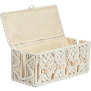 Cable Management Box Handmade Macrame Cord Storage Organizer Power Strips Outlet Router Adapter TV Wire Hider Cover Under Desk Natural Cotton Rope Woven Boxes with Lid (Off White, Medium)
