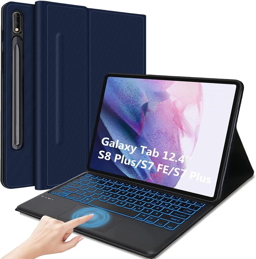 Keyboard Case for Galaxy Tab S8 Plus 12.4"- Smart Trackpad - 7 Colors Backlight- Magnetic Detachable Keyboard with S Pen Holder- Protective Stand Cover for Tab S7 FE 2021 & S8 Plus 2022 - Drak Blue