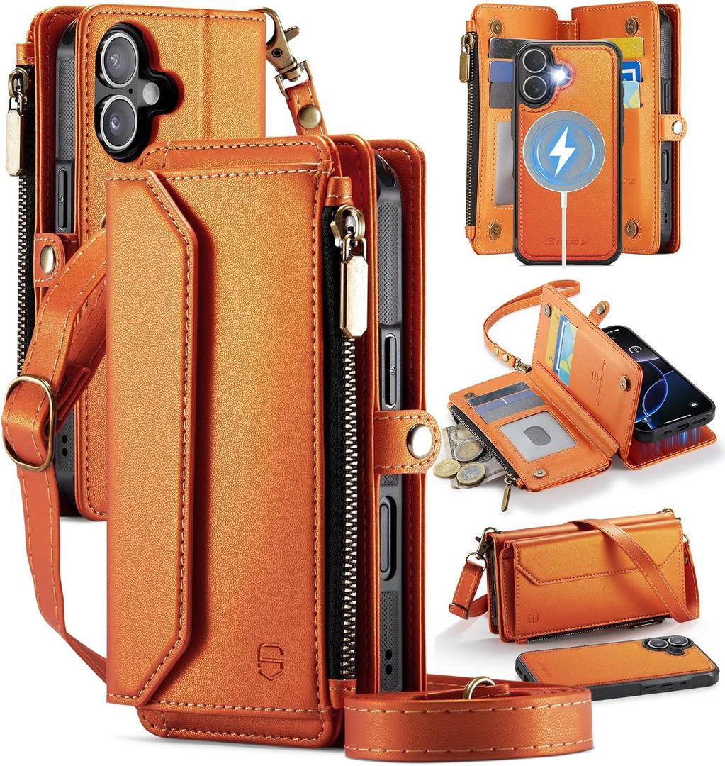for iPhone 17 Detachable Wallet Case Compatible with Magsafe for Women, RFID Blocking 9-Card Holder Zipper Wrist Strap Lanyard PU Leather Magnetic Phone Case for iPhone 17 6.3", Orange