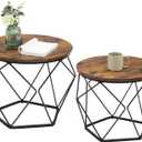 VASAGLE Small Coffee Table Set of 2, Round Coffee Table with Steel Frame, Side End Table for Living Room, Bedroom, Office, Rustic Brown and Ink Black