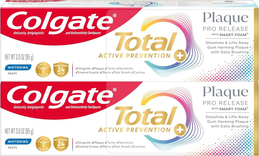 Colgate Total Plaque Pro Release Whitening Toothpaste Pack, Whitening Fluoride Toothpaste, Fights Plaque, Bad Breath, Tartar Buildup, and Helps Protect Teeth from Sensitivity, 2 Pack, 3.0 oz