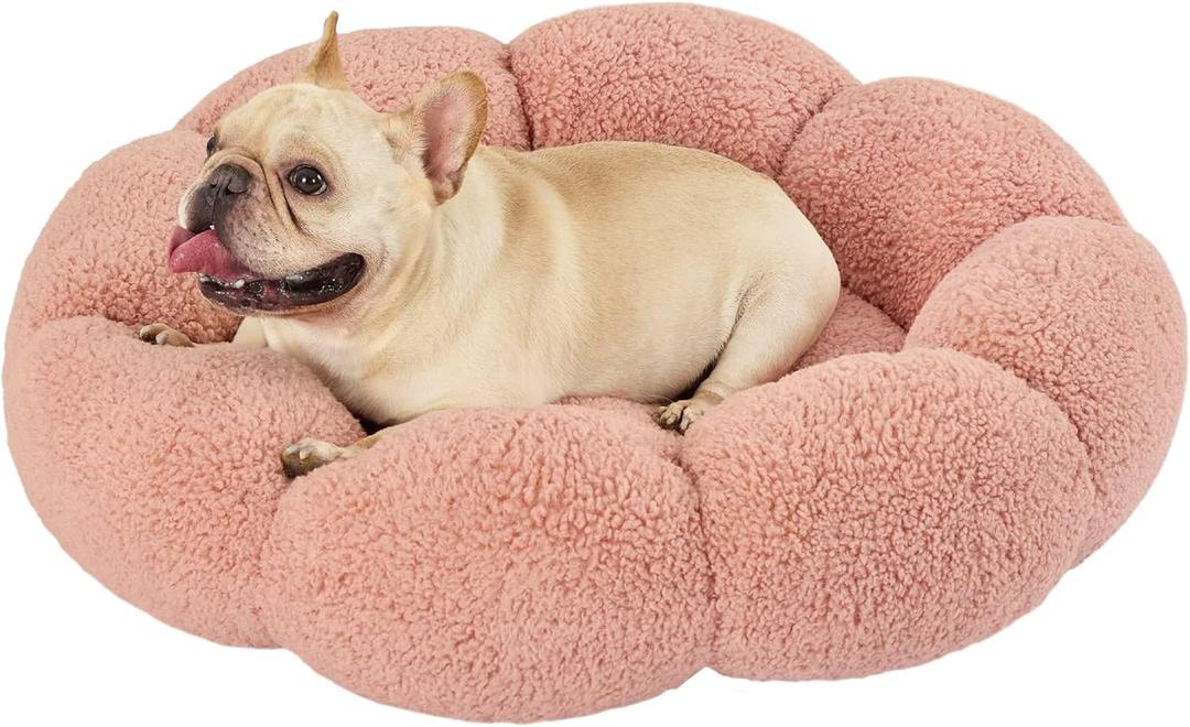 LE SURE Calming Medium Dog Bed - Flower Donut Round Fluffy Puppy Bed in Plush Teddy Sherpa, Non-Slip Cute Flower Cat Beds for Indoor Cats, Medium Pet Bed Fits up to 45 lbs, Machine Washable, Pink 30"