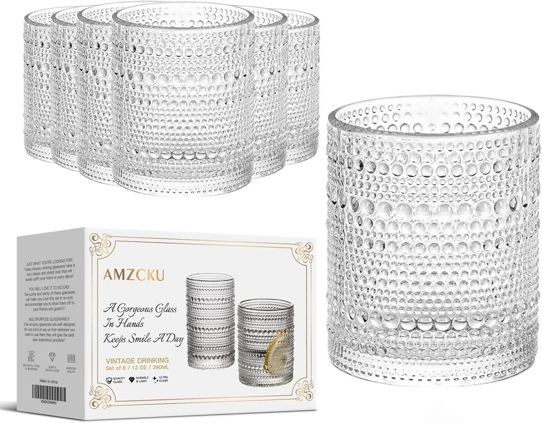Amzcku Vintage Drinking Glass Set of 6 Kitchen Glasses Cup13 OZ for Water Cocktail Milk Juice and Beverage.
