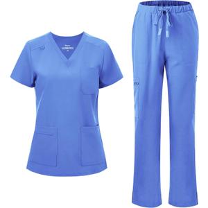 floralhue Scrubs for Women, V-Neck Scrubs Top & Cargo Pants with 12 Pockets, Yoga Waistband, 4 Way Stretch, Large