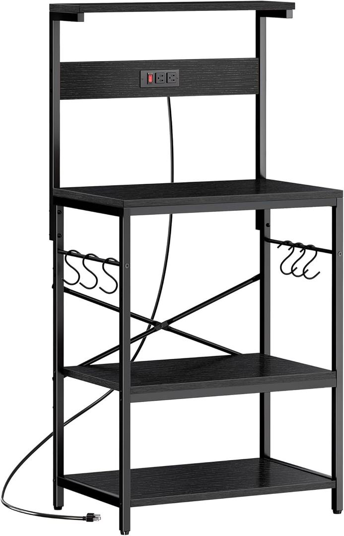 SUPERJARE Kitchen Bakers Rack with Power Outlet, Coffee Bar Table 4 Tiers, Kitchen Microwave Stand with 6 S-shaped Hooks, Storage Shelf Rack for Spices, Pots and Pans - Black (23.6 inch)