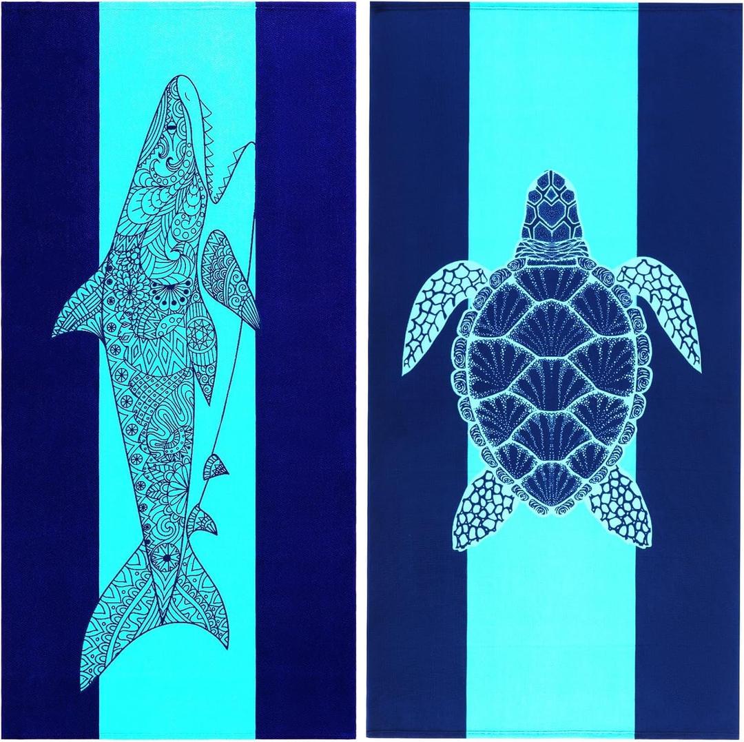 Genovega 2 Packs Oversized Beach Towel Set 36 x 72 in Large Big Pool Camping Swim Clearance Soft Towels Travel Essentials Accessories Must Haves Vacation Necessities Adult Gifts Shark Turtle, Extra Large 72*36