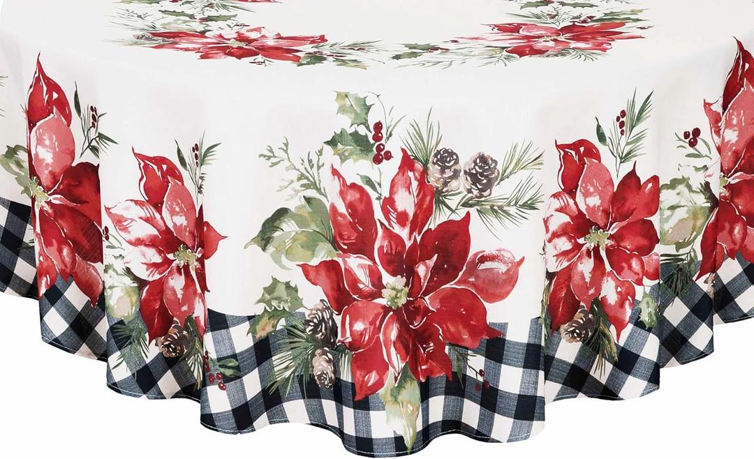 Newbridge Poinsettia Festivity Gingham Bordered Christmas Fabric Tablecloth, Holiday Red Poinsettia & Holly Print, Easy Care Stain Release, 60 x 84 Inch Oval (Multi Color)