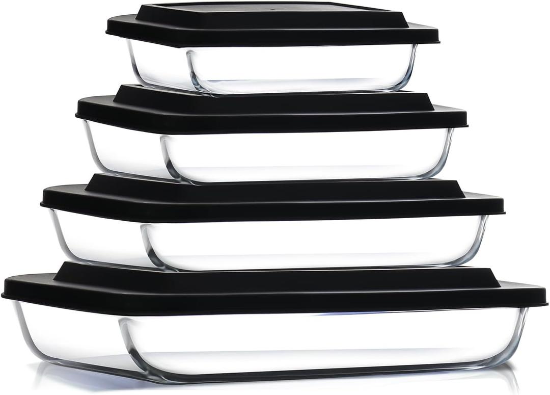 Nestl 8pc Glass Baking Dishes for Oven, Glass Food Storage Containers with Lids, Leakproof Casserole Dishes for Oven with Lid, Cooking, Microwave Oven Freezer Safe Bakeware, 9x13 Lasagna Pan Black (4 Pack)