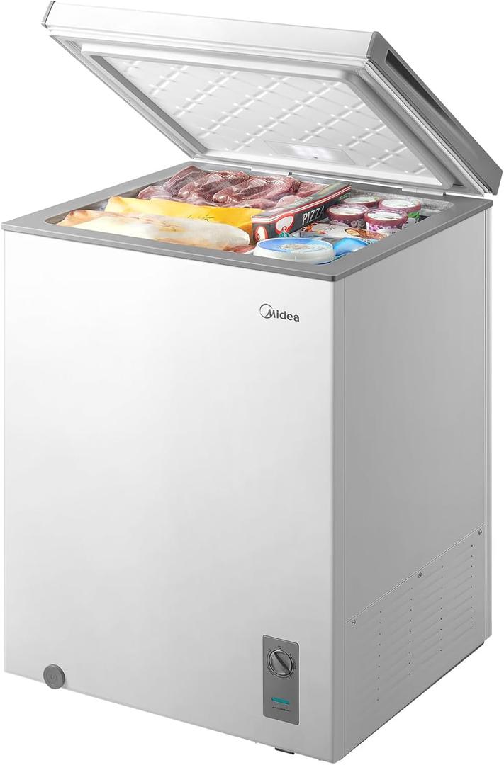 Midea MERC05C4BAWW Chest Freezer, 5.1 Cubic Feet Freezer With Removable Basket, Interior LED Light, Adjustable Temperature, For Kitchen Apartment Office, White