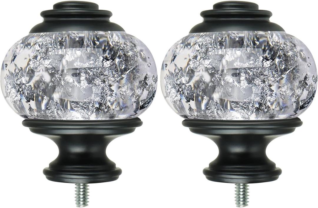 2 Pack Window Treatment Finials for 1 or 7/8 Inch Curtain Rods, Black Drapery Rods Replacement Finials with M6 Screws, Translucent Finials Embedded with Silver Foil