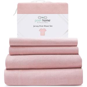 Posh Home Jersey Knit Sheet Set 3-Piece Soft Cotton Bed Sheets - Includes Flat Sheet, Fitted Sheet, & 1 Pillowcase - Twin XL, Pink