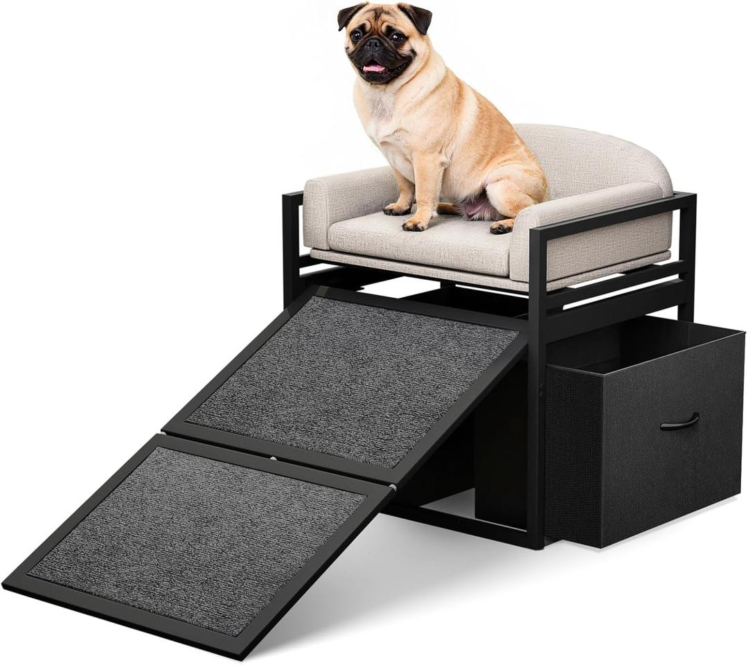 Non Slip Dog Ramp with Seat & Storage Drawers,Extra Wide Doggie Stairs,Metal Frame Puppy Chair for High Bed Couch Office,Dachshunds Ladder,Washable Cushion Pet Step for Small Old Pets Khaki