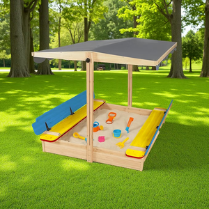 Large Wooden Sandbox Outdoor Sand Pit with Lid Cover Adjustable Canopy Foldable Bench Seat Bottom Liner Sand Box for Garden Patio Beach Backyard Play Aged 3-12 Years Old 48x48in (Multicolored)