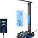 LED Desk Lamp with Wireless Charger, USB Charging Port, Table Lamp with Clock, Alarm, Date, Temperature, Desk Lamps for Home Office,Black