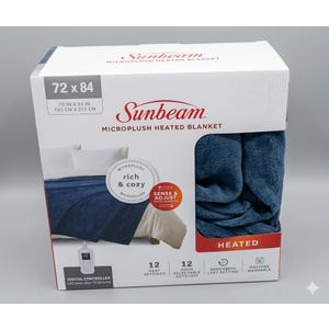 Sunbeam Microplush Queen Electric Heated Blanket with Preheat Feature Two Digital Controller 10-Heat Settings Auto Shut-Off , UL Certified for Safety, Legion Blue, Full