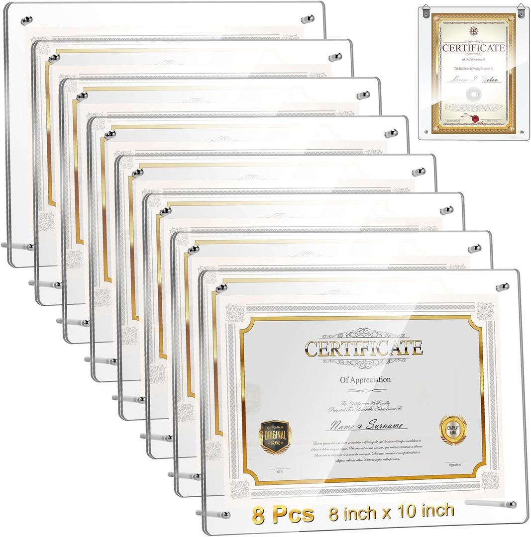 8 Pcs Acrylic Picture Frame 8 x 10'' Floating Certificate Frame, Silver
