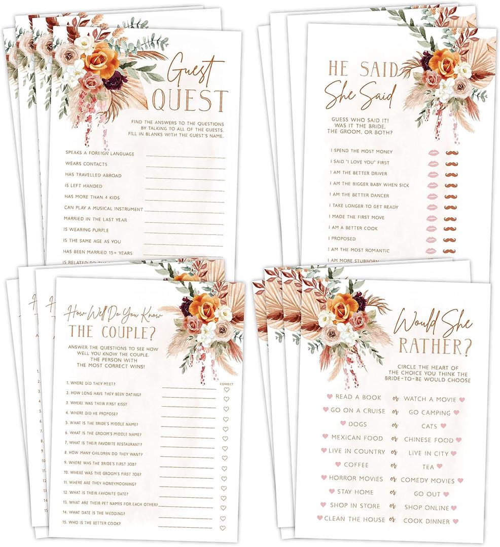 Fun Bridal Shower Games  Boho Floral Terracotta Orange Wedding Activities Set, 25 Double-Sided Cards, Includes Guest Quest, He Said She Said, Would She Rather?, and How Well Do You Know The Couple?