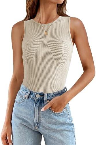 ZESICA Womens 2025 Ribbed Tank Tops Summer Sleeveless High Neck Casual Slim Fitted Basic Knit Shirts M