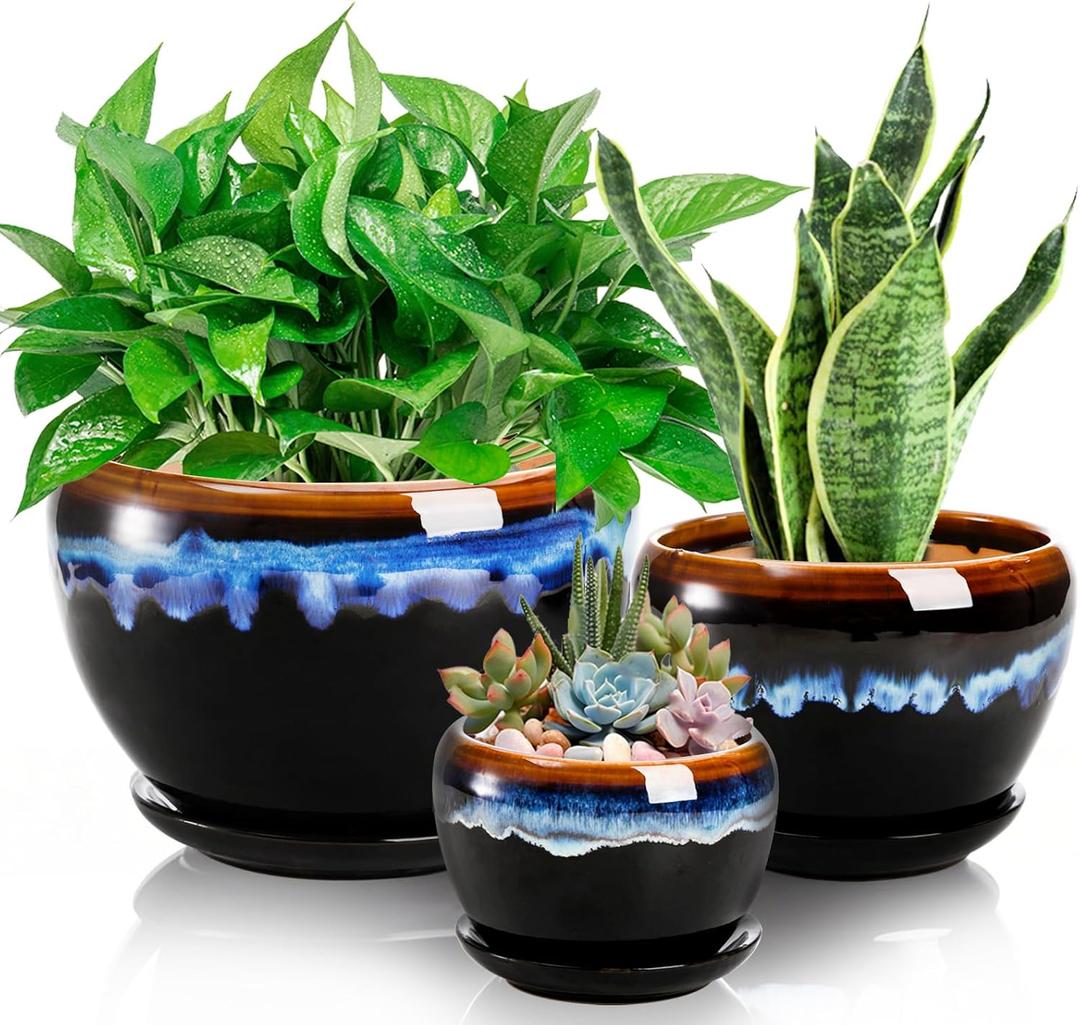 AVLA 3 Pack Ceramic Flower Pots, Gardening Drip Glazed Planter, Plant Pot with Drainage Hole and Saucer, 7/5/4 Inch Rustic Houseplant Container for Succulent Herbs Cactus Orchid, Home Indoor Outdoor