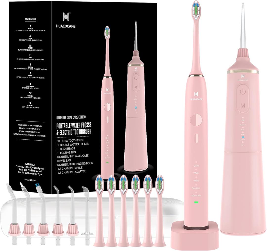 Upgraded Pro Dental Care Kit: 5-Mode Water Flosser & 50,000 VPM Sonic Electric Toothbrush | Premium Oral Clean Set with Enhanced Cleaning Modes, Larger Tank & Refined Design for Advanced Gum Health (Pink)