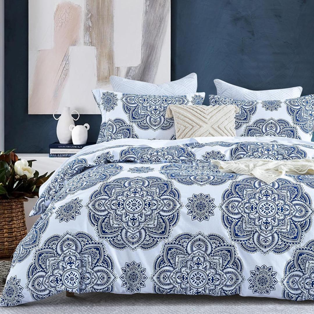 Y-PLWOMEN Blue Duvet Cover Queen - 100% Cotton, Damask Printed, Soft & Breathable, 90"x90", 3PCS (1 Duvet Cover, 2 Pillowshams), Queen Size