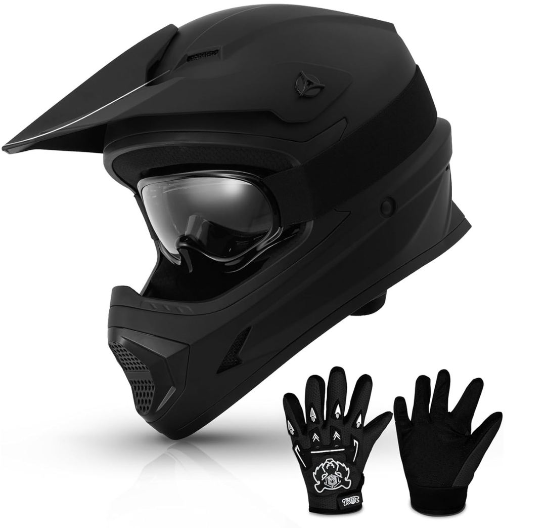 TCMT Dot Youth & Kids Motocross Offroad Street Helmet Full Face Motorcycle Youth ATV Helmet Dirt Bike Motocross ATV Helmet+Gloves+Goggles (Mystery Black, XL)