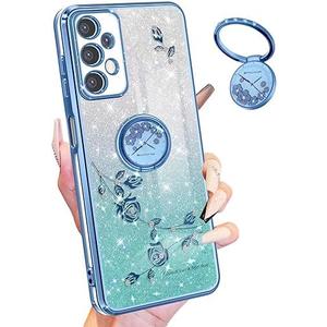 Coralogo (3in1 for Samsung Galaxy A23 5G Phone Case Glitter Sparkly for Women Girls Sparkle Girly Bling Shiny Cover Cute Flowers Floral Design with Ring Pretty Blue Cases for Galaxy A23 5G/4G 6.6''
