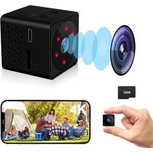 Mini Security Camera, WiFi or No WiFi Optional, 4K Spy Camera, Small Cameras for Home Security with Pre-Installed 32GB TF Card, Wide-Angle, Night Vision, for Indoor Outdoor(Black)