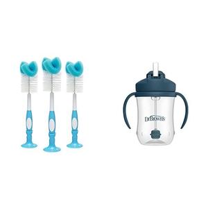 Dr. Brown's Baby Bottle Cleaning Brush Sponge and Scrubber Blue - 3-Pack & Milestones Babys First Straw Cup, Training Cup Weighted Straw, Dark Blue, 6m+ 3-Pack