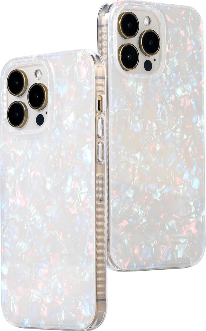 LONLI Hue - for iPhone 14 Pro Case - White Pearl Tort Phone Case - [360 Shock-Absorbent Bumper] - Cute, Unique and Aesthetic Phone Cover for Women and Girls