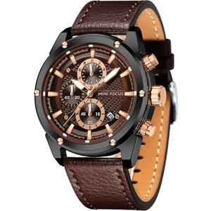 MF MINI FOCUS Men Watches Business Casual Wrist Watches (Multifunction/Waterproof/Luminous/Calendar) Genuine Leather Band Fashion Watch for Men (Brown)