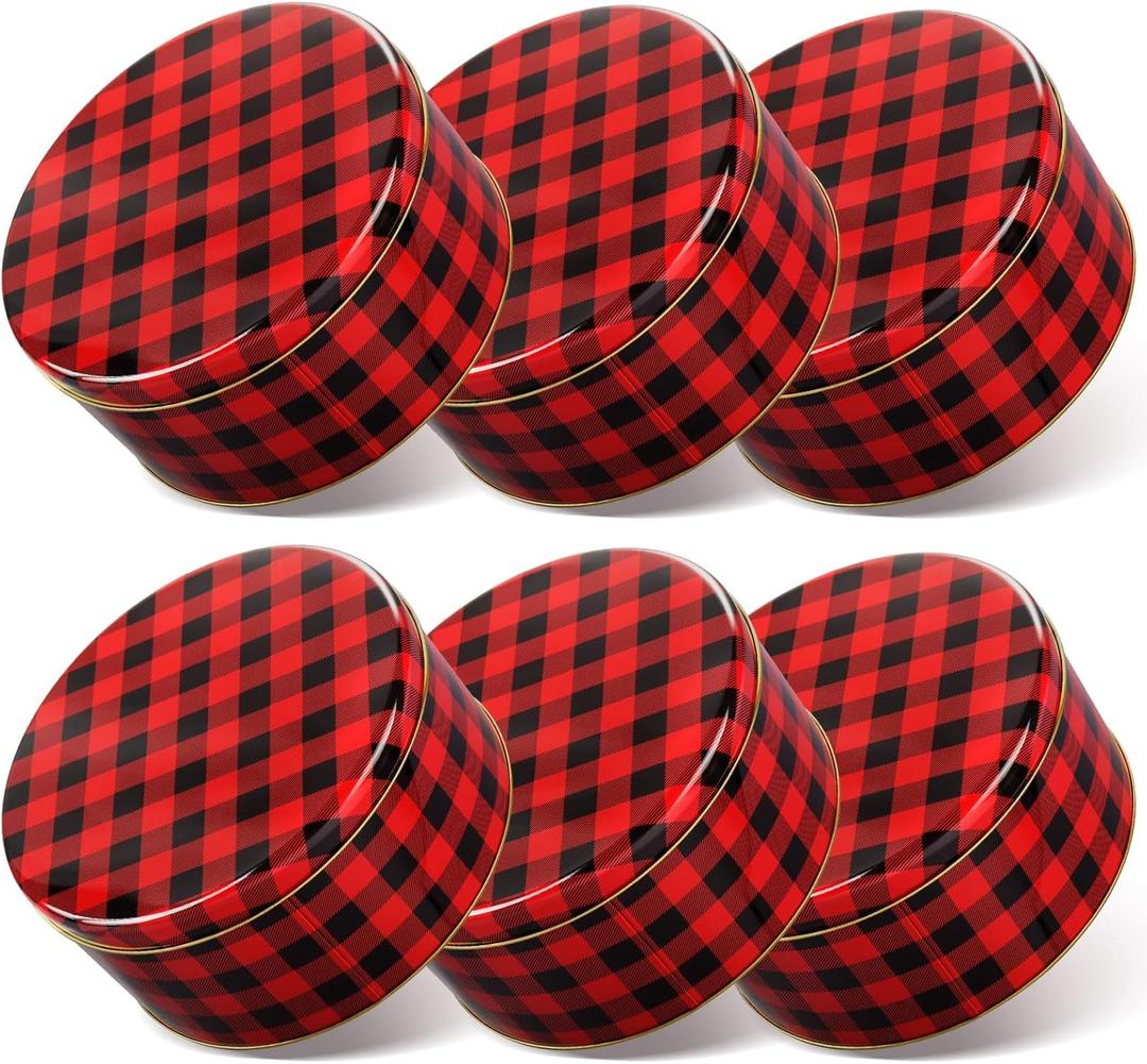 6 Pcs 7'' Christmas Cookie Tins with Lids Metal Christmas Tins Round Metal Cookie Tin Container Holiday Storage Box for Baking Chocolate Snack Storage Gift Giving (Red Black)