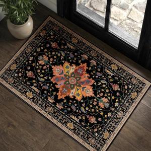 Area Rugs 2'x3' Kitchen Rugs Entry Rug Small Rugs for Entryway Kitchen Bathroom Door Mat Indoor Entrance,Washable Non Slip, Black Colorful Floral Dark Tan