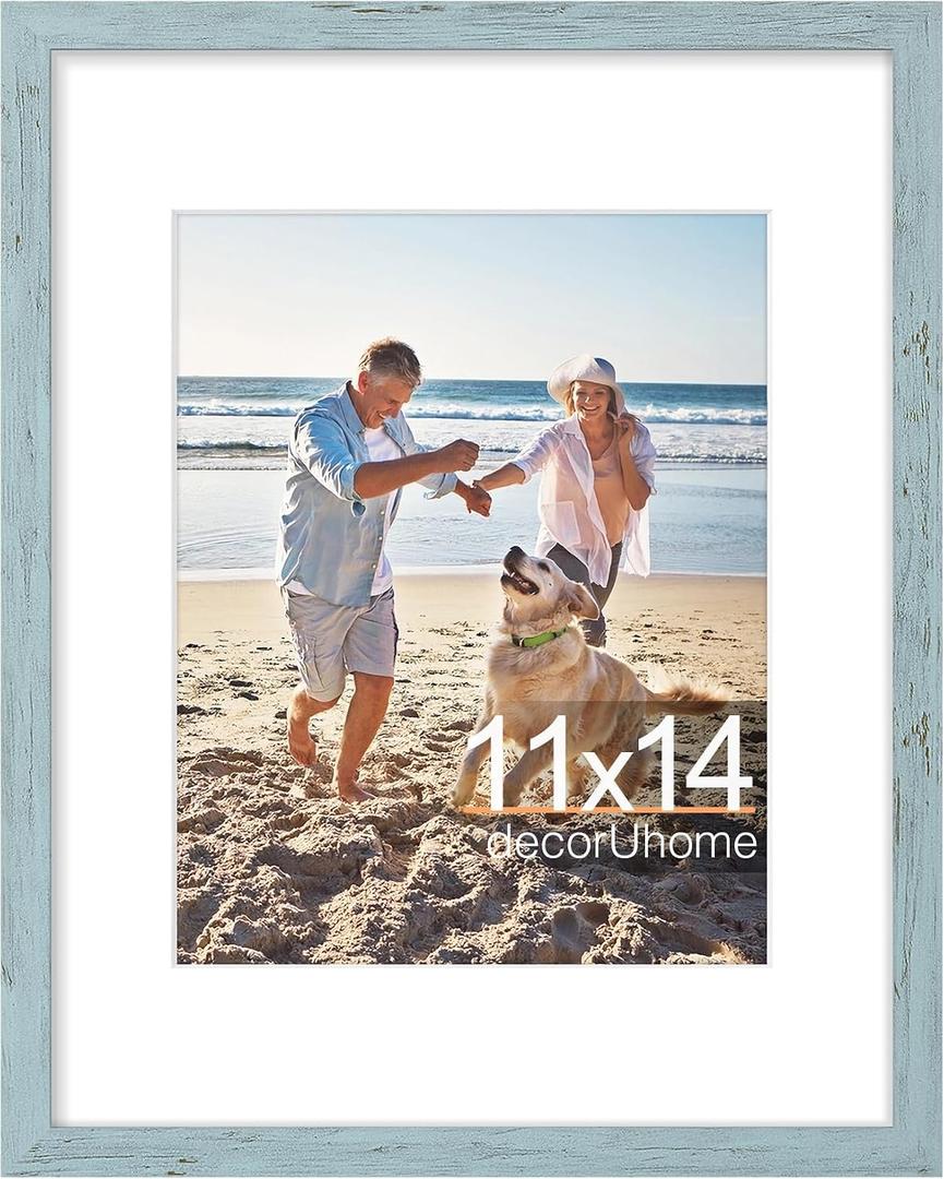 decorUhome 11x14 Picture Frame, Display Pictures 8x10 with Mat or 11x14 without Mat, Wall Mounting Photo Frame, Rustic Blue, 1 Pack
