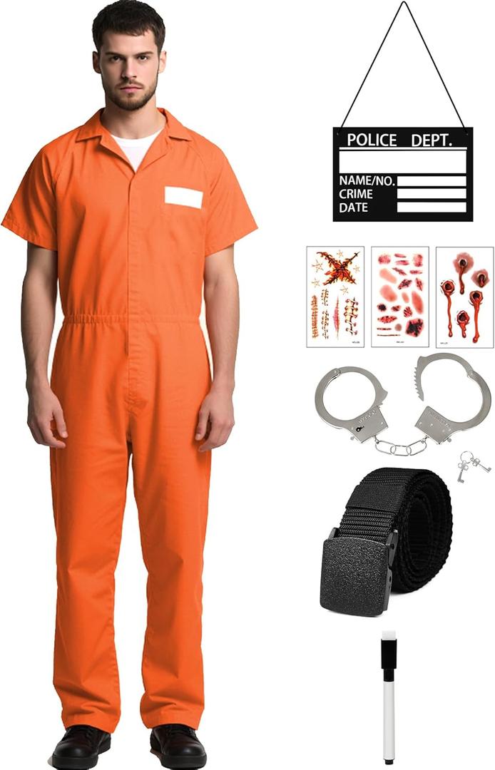 8Pcs Prisoner Costume Halloween Orange Prison Jumpsuit Costume the Inmate Prisoner Outfit Set Men and Women (Large)