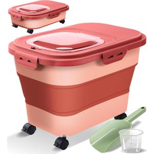 Collapsible Dog Food Storage Container with Lids, Airtight Rice Flour Cereal Sugar Cat Pet Bird Seed Containers Bin Bucket with Rolling Wheel, 20 25 30 Lbs Pound Plastic Sealable Kitchen Pantry Holder (Pink)