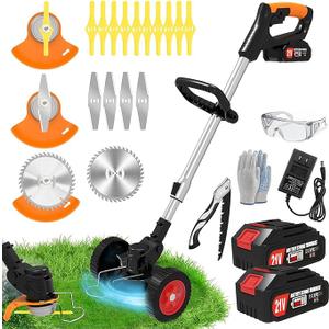 Electric Weed Wacker Cordless Eater Battery Powered, 21V Lightweight No-String Weed Trimmer with 2 Battery Operated & Wheels, 3 in 1 Stringless Grass Trimmer/Edger/Brush Cutter for Garden Yard Lawn.