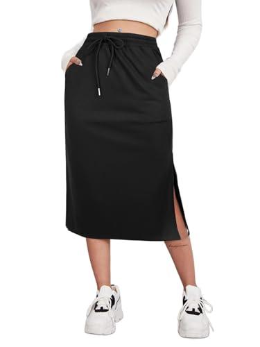 SOFIA'S CHOICE Women's Drawstring Slit Skirt High Waist A Line Midi Skirts with Pockets Black Medium