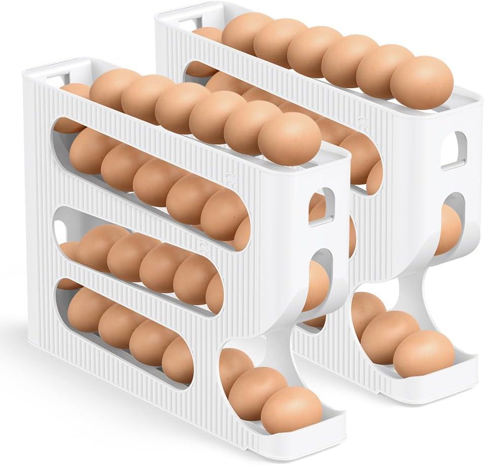 Egg Holder for Fridge, Automatic Rolling Egg Dispenser for Refrigerator, Countertop, Kitchen - Space-saving Egg Roller/Organizer/Storage/Container/Tray for Fridge - 2 Packs for 56 Large Size Eggs